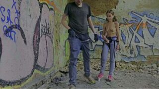 Dominatrix girl pegging anal man outdoor dangerous sex in an abandoned building amateur